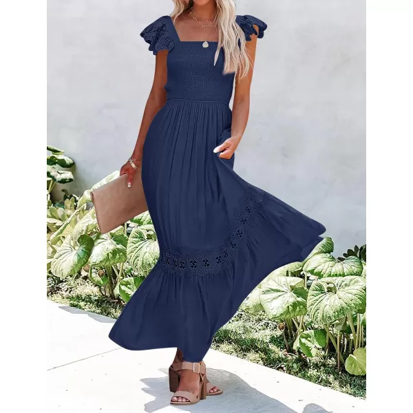 imageZESICA Womens 2023 Summer Lace Strap Sleeveless Square Neck Smocked High Waist Ruffle Hollow Out Flowy A Line Maxi DressNavy