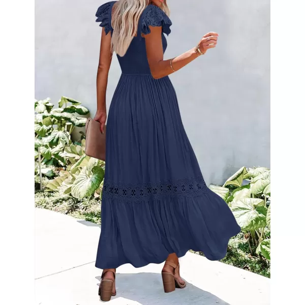 imageZESICA Womens 2023 Summer Lace Strap Sleeveless Square Neck Smocked High Waist Ruffle Hollow Out Flowy A Line Maxi DressNavy