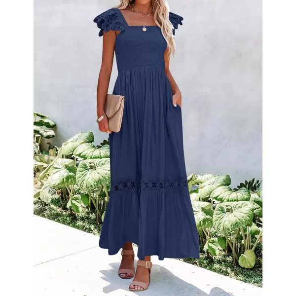 imageZESICA Womens 2023 Summer Lace Strap Sleeveless Square Neck Smocked High Waist Ruffle Hollow Out Flowy A Line Maxi DressNavy