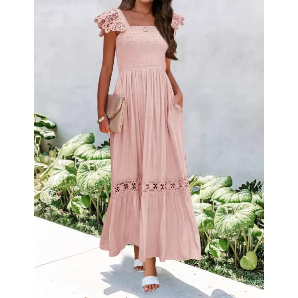 imageZESICA Womens 2023 Summer Lace Strap Sleeveless Square Neck Smocked High Waist Ruffle Hollow Out Flowy A Line Maxi DressPink