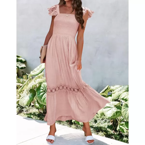 imageZESICA Womens 2023 Summer Lace Strap Sleeveless Square Neck Smocked High Waist Ruffle Hollow Out Flowy A Line Maxi DressPink