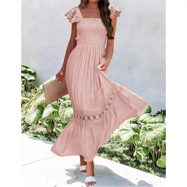 imageZESICA Womens 2023 Summer Lace Strap Sleeveless Square Neck Smocked High Waist Ruffle Hollow Out Flowy A Line Maxi DressPink
