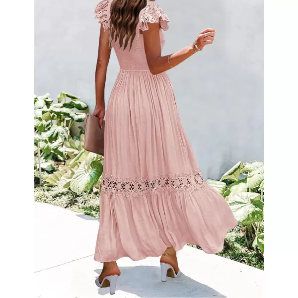 imageZESICA Womens 2023 Summer Lace Strap Sleeveless Square Neck Smocked High Waist Ruffle Hollow Out Flowy A Line Maxi DressPink