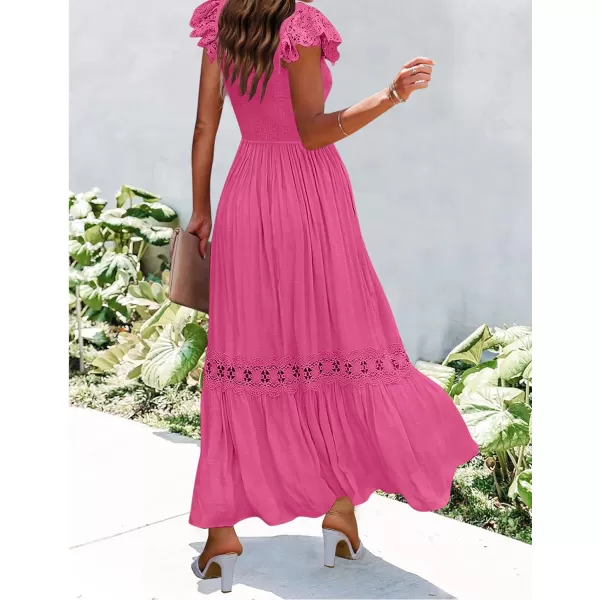 imageZESICA Womens 2023 Summer Lace Strap Sleeveless Square Neck Smocked High Waist Ruffle Hollow Out Flowy A Line Maxi DressRose