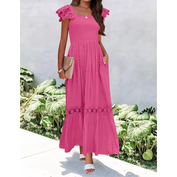 imageZESICA Womens 2023 Summer Lace Strap Sleeveless Square Neck Smocked High Waist Ruffle Hollow Out Flowy A Line Maxi DressRose