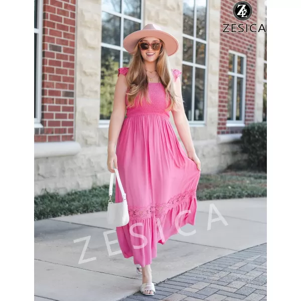 imageZESICA Womens 2023 Summer Lace Strap Sleeveless Square Neck Smocked High Waist Ruffle Hollow Out Flowy A Line Maxi DressRose