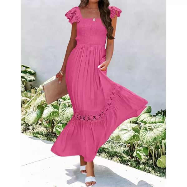 imageZESICA Womens 2023 Summer Lace Strap Sleeveless Square Neck Smocked High Waist Ruffle Hollow Out Flowy A Line Maxi DressRose