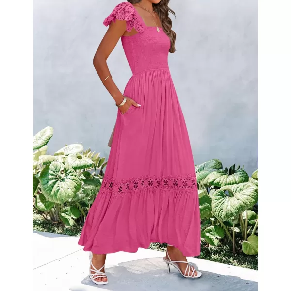 imageZESICA Womens 2023 Summer Lace Strap Sleeveless Square Neck Smocked High Waist Ruffle Hollow Out Flowy A Line Maxi DressRose