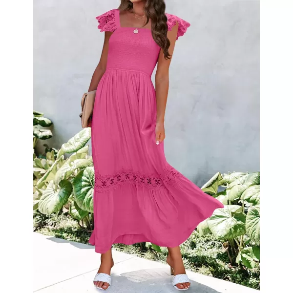 imageZESICA Womens 2023 Summer Lace Strap Sleeveless Square Neck Smocked High Waist Ruffle Hollow Out Flowy A Line Maxi DressRose
