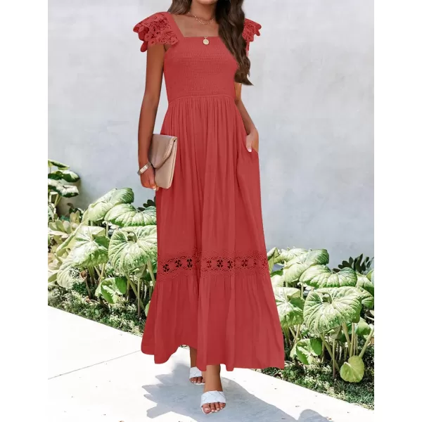 imageZESICA Womens 2023 Summer Lace Strap Sleeveless Square Neck Smocked High Waist Ruffle Hollow Out Flowy A Line Maxi DressRust