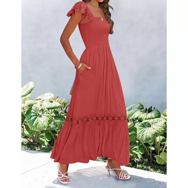imageZESICA Womens 2023 Summer Lace Strap Sleeveless Square Neck Smocked High Waist Ruffle Hollow Out Flowy A Line Maxi DressRust