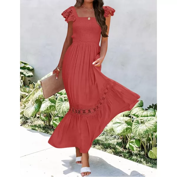 imageZESICA Womens 2023 Summer Lace Strap Sleeveless Square Neck Smocked High Waist Ruffle Hollow Out Flowy A Line Maxi DressRust
