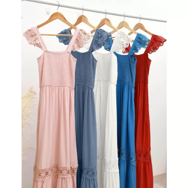 imageZESICA Womens 2023 Summer Lace Strap Sleeveless Square Neck Smocked High Waist Ruffle Hollow Out Flowy A Line Maxi DressRust