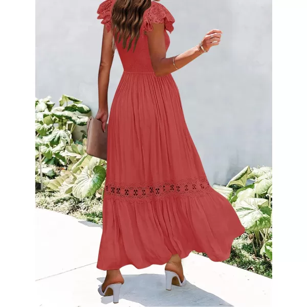 imageZESICA Womens 2023 Summer Lace Strap Sleeveless Square Neck Smocked High Waist Ruffle Hollow Out Flowy A Line Maxi DressRust