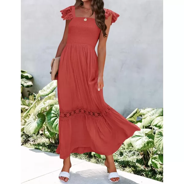 imageZESICA Womens 2023 Summer Lace Strap Sleeveless Square Neck Smocked High Waist Ruffle Hollow Out Flowy A Line Maxi DressRust