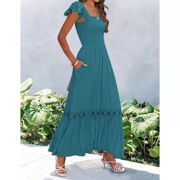 imageZESICA Womens 2023 Summer Lace Strap Sleeveless Square Neck Smocked High Waist Ruffle Hollow Out Flowy A Line Maxi DressTeal