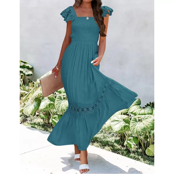 imageZESICA Womens 2023 Summer Lace Strap Sleeveless Square Neck Smocked High Waist Ruffle Hollow Out Flowy A Line Maxi DressTeal