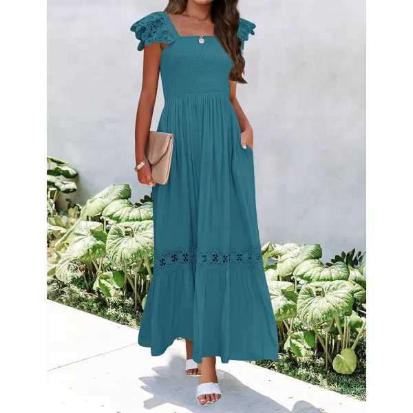 imageZESICA Womens 2023 Summer Lace Strap Sleeveless Square Neck Smocked High Waist Ruffle Hollow Out Flowy A Line Maxi DressTeal