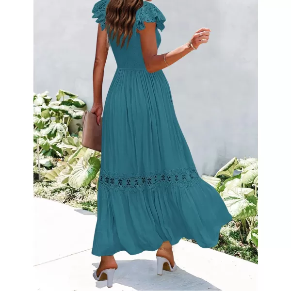 imageZESICA Womens 2023 Summer Lace Strap Sleeveless Square Neck Smocked High Waist Ruffle Hollow Out Flowy A Line Maxi DressTeal