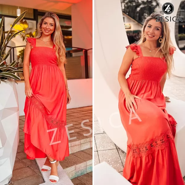 imageZESICA Womens 2023 Summer Lace Strap Sleeveless Square Neck Smocked High Waist Ruffle Hollow Out Flowy A Line Maxi DressWatermelon