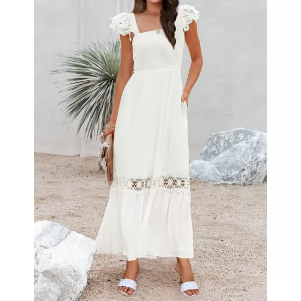 imageZESICA Womens 2023 Summer Lace Strap Sleeveless Square Neck Smocked High Waist Ruffle Hollow Out Flowy A Line Maxi DressWhite
