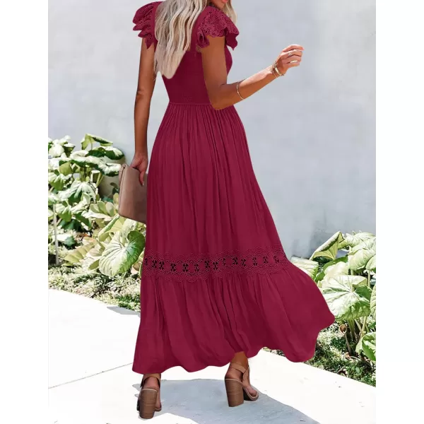 imageZESICA Womens 2023 Summer Lace Strap Sleeveless Square Neck Smocked High Waist Ruffle Hollow Out Flowy A Line Maxi DressWine