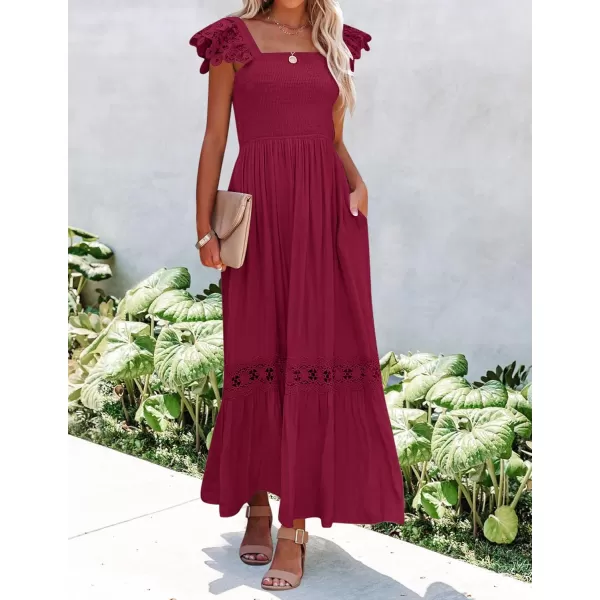 imageZESICA Womens 2023 Summer Lace Strap Sleeveless Square Neck Smocked High Waist Ruffle Hollow Out Flowy A Line Maxi DressWine