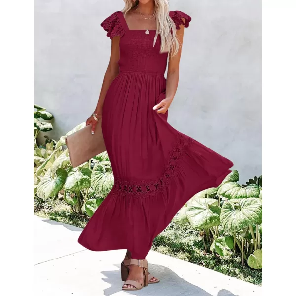 imageZESICA Womens 2023 Summer Lace Strap Sleeveless Square Neck Smocked High Waist Ruffle Hollow Out Flowy A Line Maxi DressWine