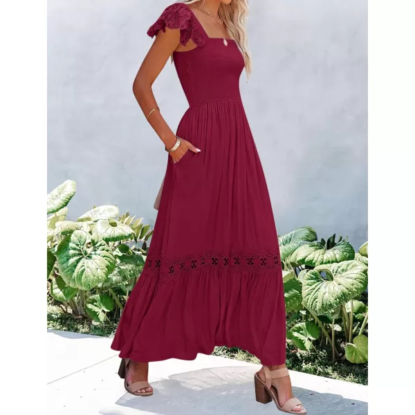 imageZESICA Womens 2023 Summer Lace Strap Sleeveless Square Neck Smocked High Waist Ruffle Hollow Out Flowy A Line Maxi DressWine