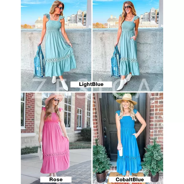 imageZESICA Womens 2023 Summer Lace Strap Sleeveless Square Neck Smocked High Waist Ruffle Hollow Out Flowy A Line Maxi DressWine