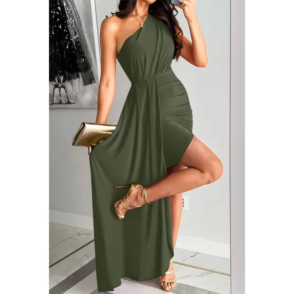 imageZESICA Womens 2023 Summer One Shoulder Long Dress Sleeveless Wrap Ruched High Split Cocktail Wedding Party Maxi DressesArmygreen