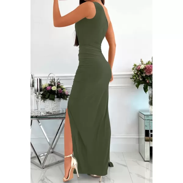 imageZESICA Womens 2023 Summer One Shoulder Long Dress Sleeveless Wrap Ruched High Split Cocktail Wedding Party Maxi DressesArmygreen