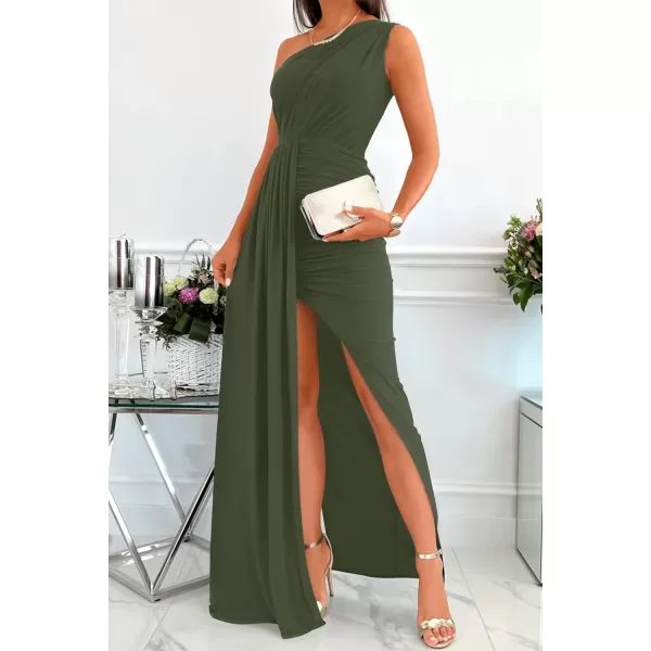 imageZESICA Womens 2023 Summer One Shoulder Long Dress Sleeveless Wrap Ruched High Split Cocktail Wedding Party Maxi DressesArmygreen