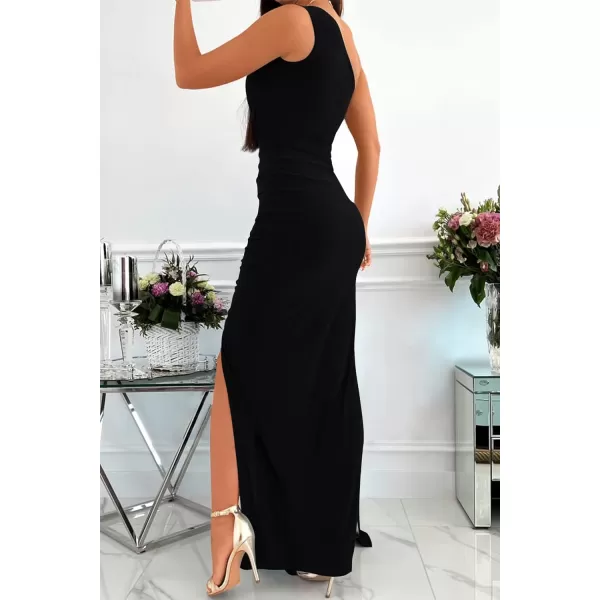 imageZESICA Womens 2023 Summer One Shoulder Long Dress Sleeveless Wrap Ruched High Split Cocktail Wedding Party Maxi DressesBlack