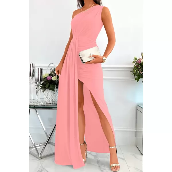 imageZESICA Womens 2023 Summer One Shoulder Long Dress Sleeveless Wrap Ruched High Split Cocktail Wedding Party Maxi DressesHotpink