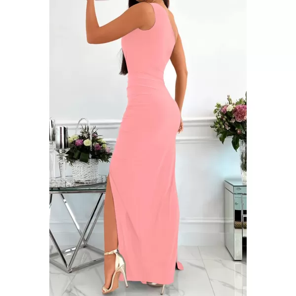 imageZESICA Womens 2023 Summer One Shoulder Long Dress Sleeveless Wrap Ruched High Split Cocktail Wedding Party Maxi DressesHotpink