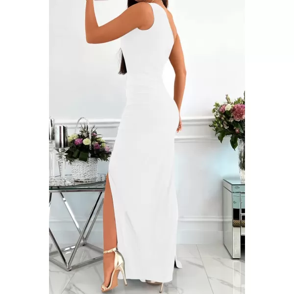 imageZESICA Womens 2023 Summer One Shoulder Long Dress Sleeveless Wrap Ruched High Split Cocktail Wedding Party Maxi DressesIvory