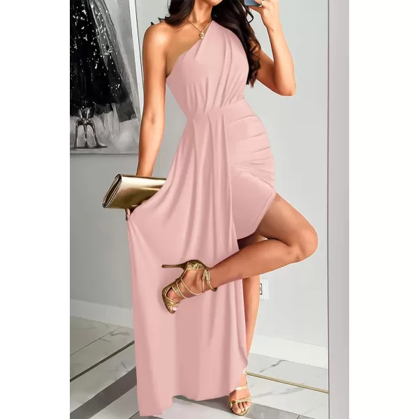imageZESICA Womens 2023 Summer One Shoulder Long Dress Sleeveless Wrap Ruched High Split Cocktail Wedding Party Maxi DressesLightpink