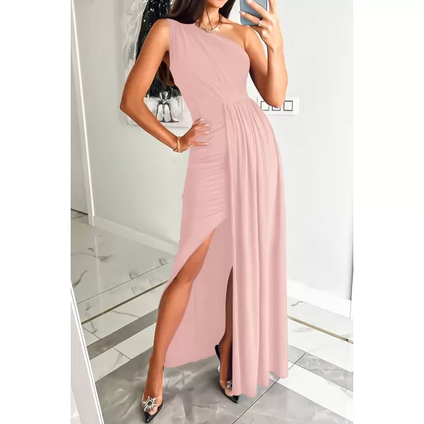 imageZESICA Womens 2023 Summer One Shoulder Long Dress Sleeveless Wrap Ruched High Split Cocktail Wedding Party Maxi DressesLightpink
