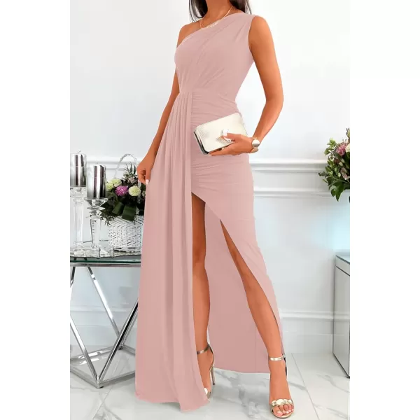 imageZESICA Womens 2023 Summer One Shoulder Long Dress Sleeveless Wrap Ruched High Split Cocktail Wedding Party Maxi DressesLightpink