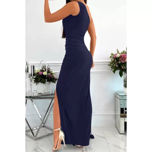 imageZESICA Womens 2023 Summer One Shoulder Long Dress Sleeveless Wrap Ruched High Split Cocktail Wedding Party Maxi DressesNavy
