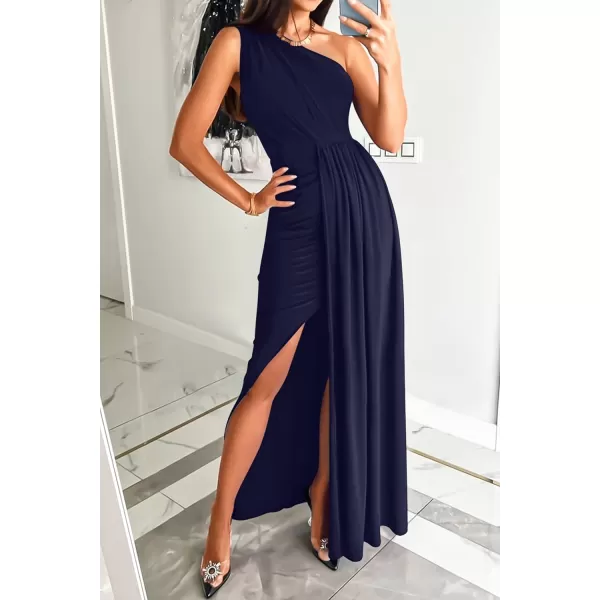 imageZESICA Womens 2023 Summer One Shoulder Long Dress Sleeveless Wrap Ruched High Split Cocktail Wedding Party Maxi DressesNavy