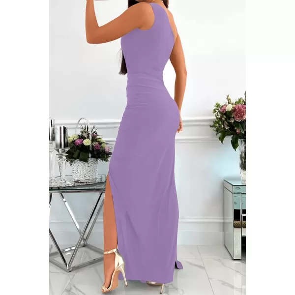 imageZESICA Womens 2023 Summer One Shoulder Long Dress Sleeveless Wrap Ruched High Split Cocktail Wedding Party Maxi DressesPurple