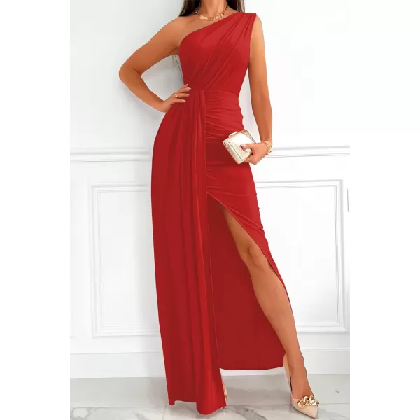 imageZESICA Womens 2023 Summer One Shoulder Long Dress Sleeveless Wrap Ruched High Split Cocktail Wedding Party Maxi DressesRed