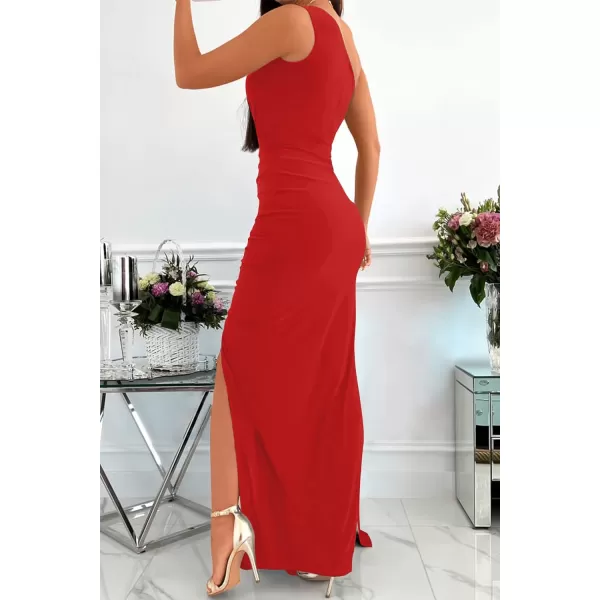imageZESICA Womens 2023 Summer One Shoulder Long Dress Sleeveless Wrap Ruched High Split Cocktail Wedding Party Maxi DressesRed