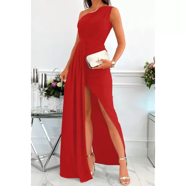 imageZESICA Womens 2023 Summer One Shoulder Long Dress Sleeveless Wrap Ruched High Split Cocktail Wedding Party Maxi DressesRed