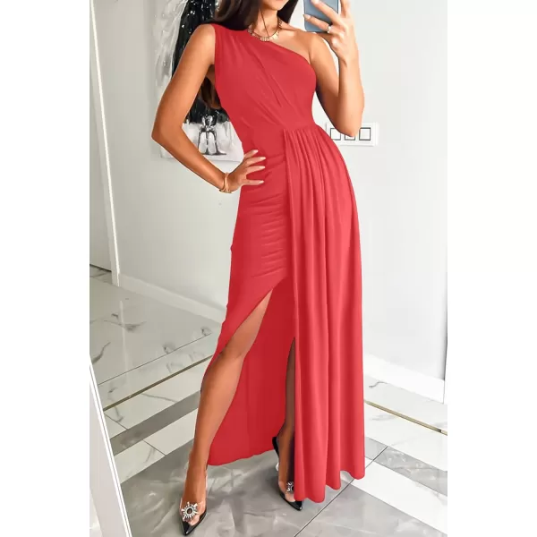imageZESICA Womens 2023 Summer One Shoulder Long Dress Sleeveless Wrap Ruched High Split Cocktail Wedding Party Maxi DressesWatermelon