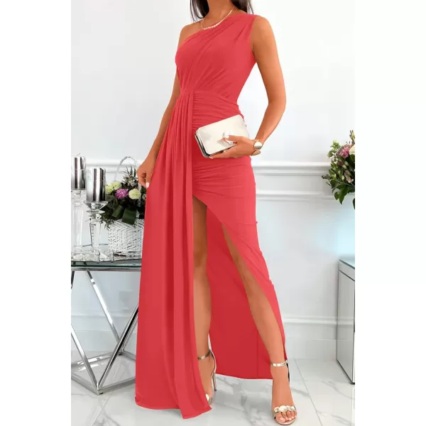 imageZESICA Womens 2023 Summer One Shoulder Long Dress Sleeveless Wrap Ruched High Split Cocktail Wedding Party Maxi DressesWatermelon