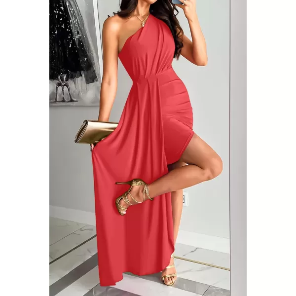 imageZESICA Womens 2023 Summer One Shoulder Long Dress Sleeveless Wrap Ruched High Split Cocktail Wedding Party Maxi DressesWatermelon