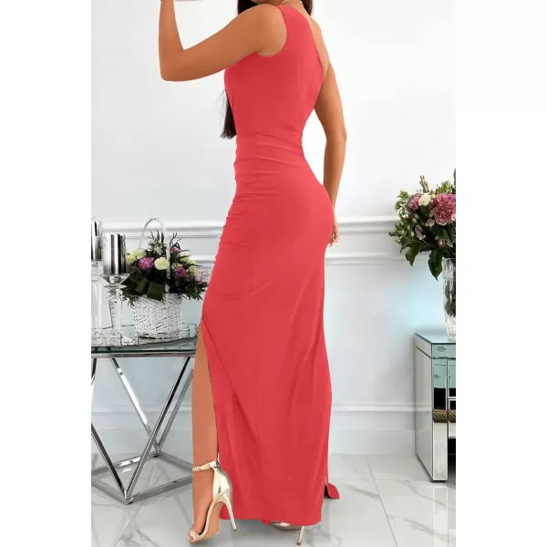 imageZESICA Womens 2023 Summer One Shoulder Long Dress Sleeveless Wrap Ruched High Split Cocktail Wedding Party Maxi DressesWatermelon